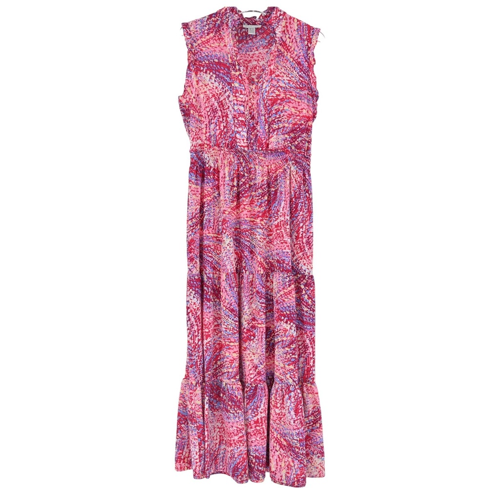 London Times Pink Purple Abstract Mosaic Smocked Tiered Maxi Dress Womens 10
